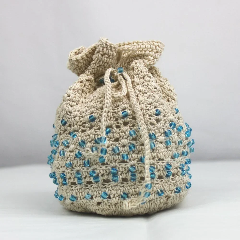 Blue Glass Beaded Cream Crochet Drawstring Pouch Bag - Picture 4 of 7
